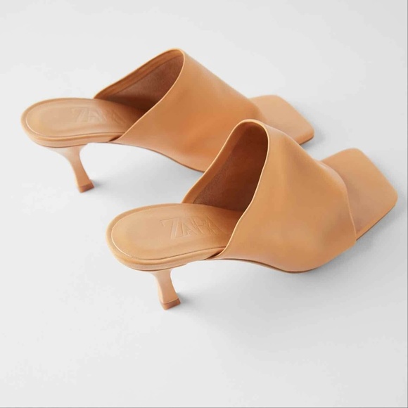 Zara Shoes - Zara Heeled Soft Leather Square Toe Mules toasted